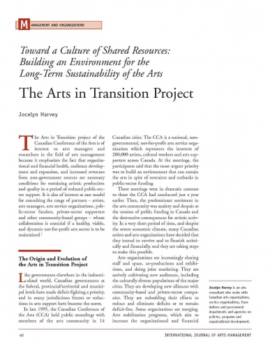 Toward a Culture of Shared Resources: Building an Environment for the Long-Term Sustainability of the Arts - The Arts in Transition Project