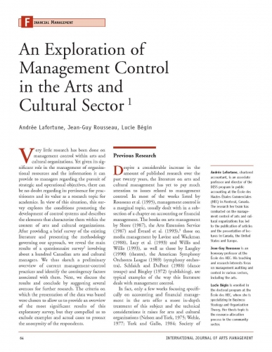 An Exploration of Management Control in the Arts and Cultural Sector