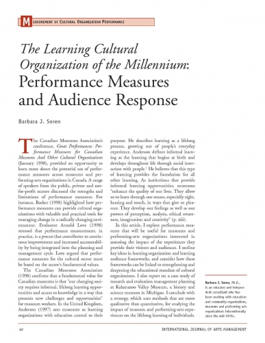 The Learning Cultural Organization of the Millennium: Performance Measures and Audience Response